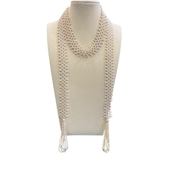 White Faux Pearl Lariat Necklace with Tassels - Picture 2 of 8